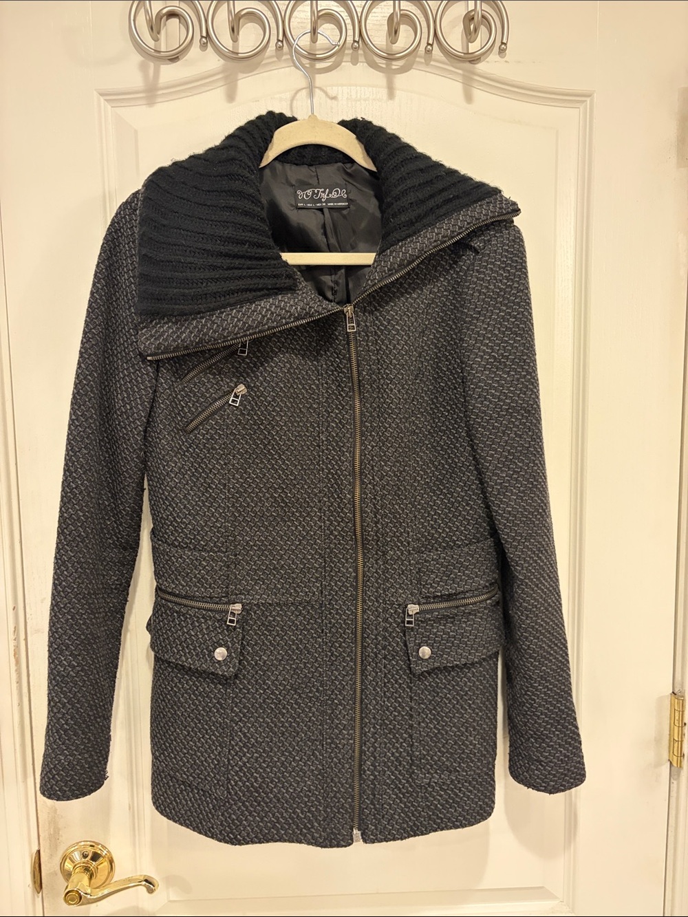 Othr Charcoal Textured Pea Coat with Rib-Knit Collar